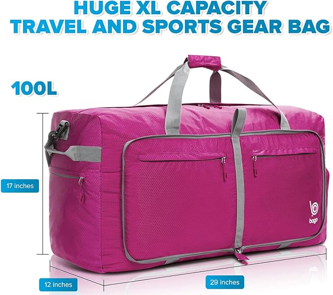 Bago Large Foldable Duffel Bags for Traveling Women & Men - 120L Packable Duffle Bag for Travel with Shoe Compartment - Water Repellant, Heavy Duty, Lightweight Folding & Collapsible (Pink)