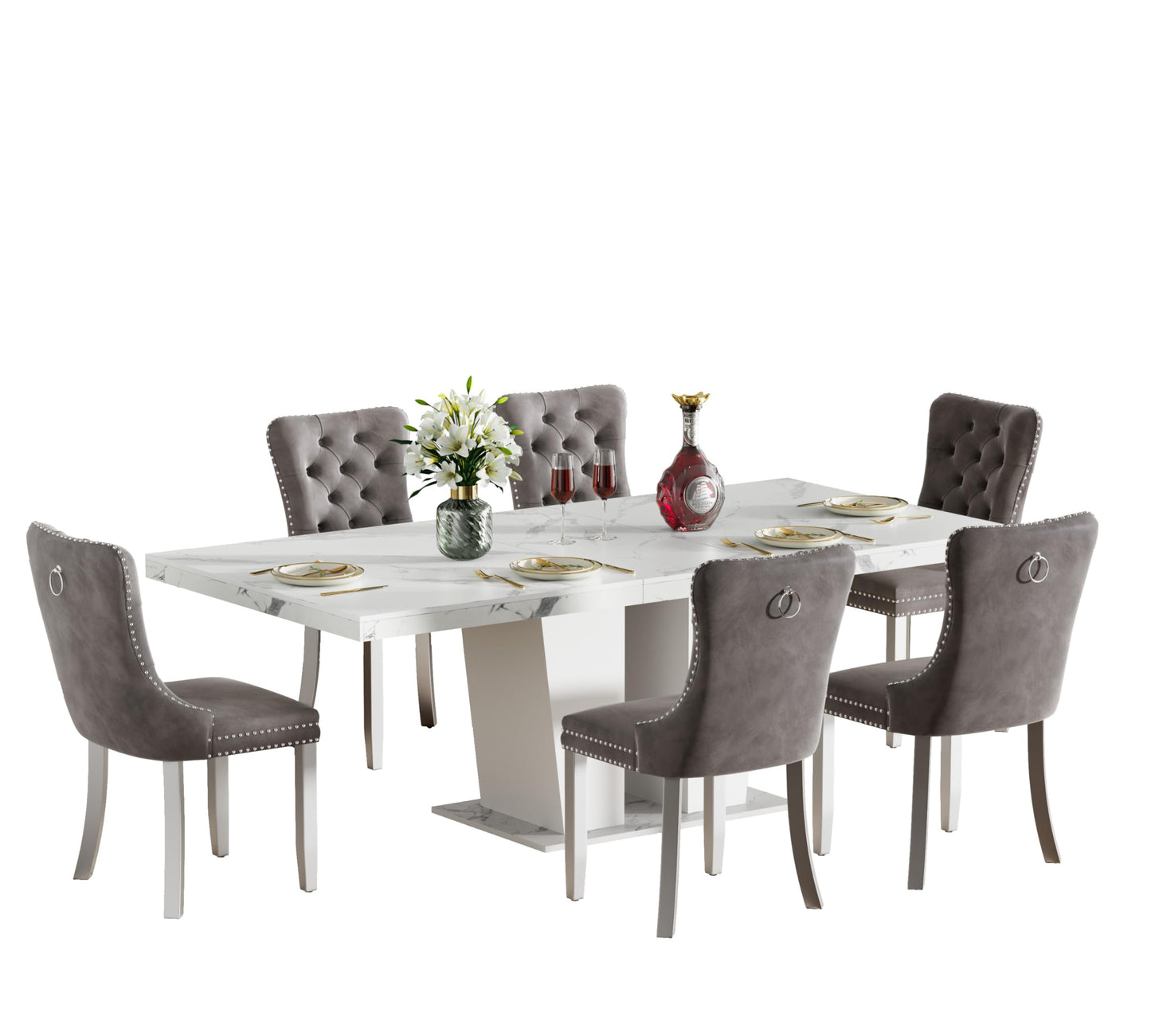 Henf 7 Pieces Faux Marble Dining Table Set for 6, 63"-79" Extendable Dining Room Table and 6 Grey Tufted Chairs Set for 6, Modern Large Expandable Kitchen Table with White Double Columns Base