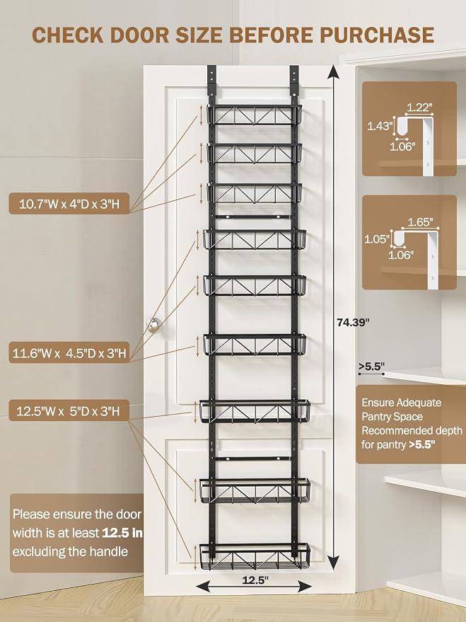 Delamu Adjustable Narrow Over the Door Pantry Organizer, 9-Tier Metal Pantry Organization and Storage for Kitchen, Hanging Spice Rack Seasoning Shelves, Cabinet Door Organizer for Easy Install, 12.5"