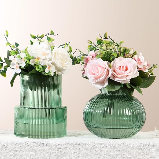 Ribbed Glass Vases, Set of 2 Fluted Vases for Flowers, Green Glass Vase for Tulips, Modern Vase for Living Room, Kitchen, Office, Entryway, Mantle, Bookshelf, Wedding Gifts, Birthday
