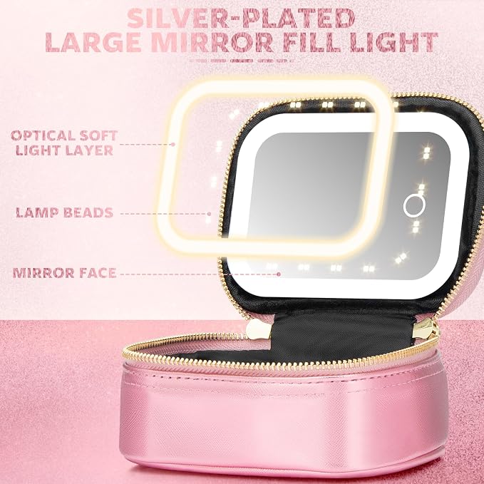 Mini Makeup Bag with Led Mirror,Small Travel Make up Bag 3 Light Modes Adjustable Brightness, for Women Organizer Cosmetic Bag, Portable Travel Train Toiletry Bag, for Pool Parties Work Touch-Ups