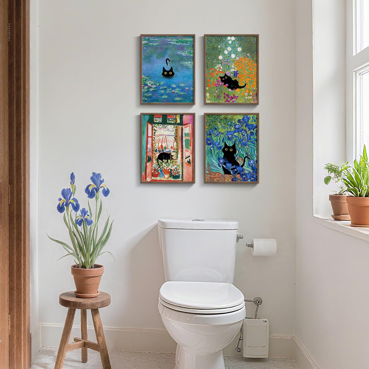 Framed Cat Bathroom Wall Art, 4 Piece Funny Cute Black Cat in Water Lilies Canvas Painting Prints Artwork, Garden Flowers Monet Cat Aesthetic Pictures for Bedroom Kitchen Living Room Home Decor, 11x14