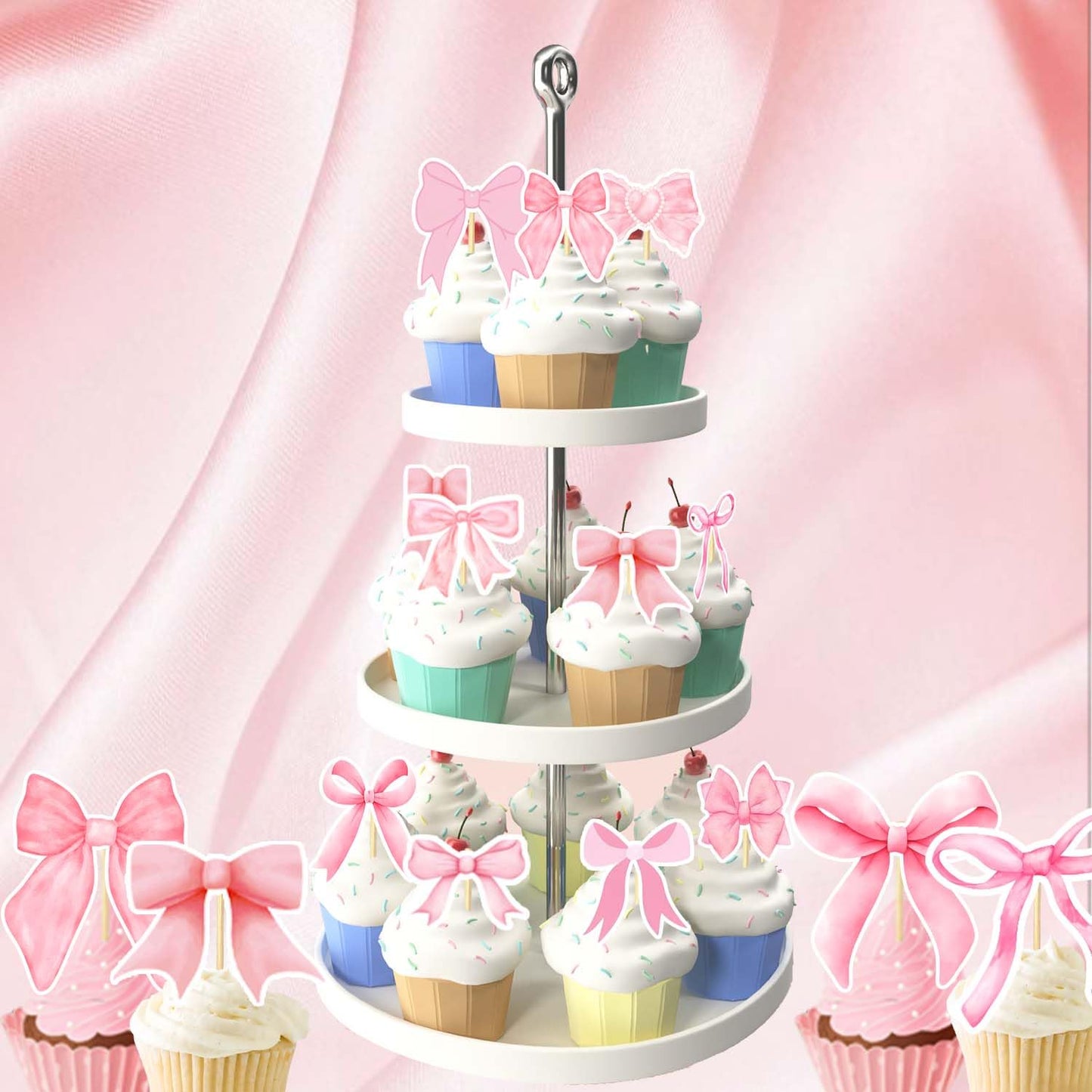 24PCS Coquette Bow Cupcake Toppers, Pink Bow Coquette Birthday Cake Decorations for Bachelorette Bridal Engagement Wedding Girl Baby Shower Bow Theme Party Decor