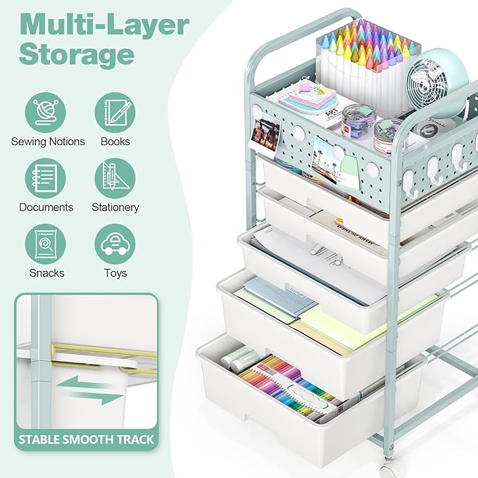 5 Drawer Rolling Storage Cart with Pegboard Top and Hooks, Mobile Utility Organizer with Wheels for Office Supplies, Craft Storage, Classroom Organization, Home Storage Cart, Green