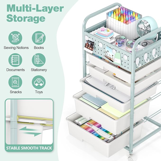 4 Drawer Rolling Storage Cart with Pegboard Top and Hooks, Mobile Organizer Cart with Wheels for Office Supplies, Craft Storage, Classroom Organization, Home Utility Cart, Green