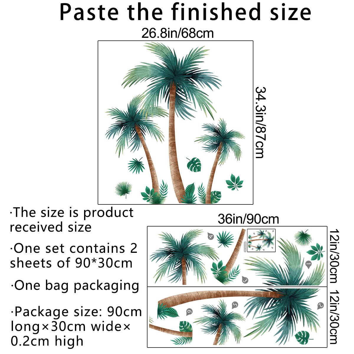 3D Removable Tropical Rainforest Wall Sticker Brown Tree Green Leaves Wall Decal DIY Peel and Stick Coconut Tree Wall Decor for Kids Girls Boys Bedroom Living Room Nursery Classroom Playroom