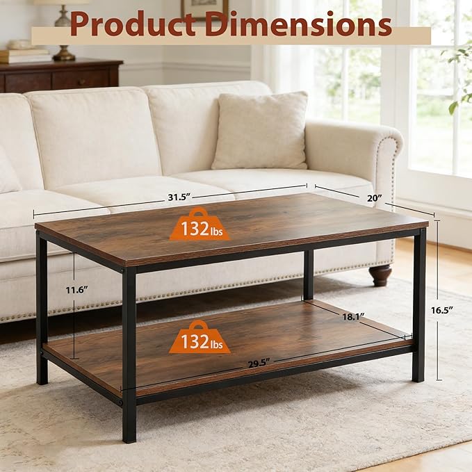 SUPER DEAL 2-Tier Industrial Coffee Table with Storage Shelf for Small Apartment Living Room, Rectangle Wood and Stable Metal TV Stand Side End Table, Rustic Brown