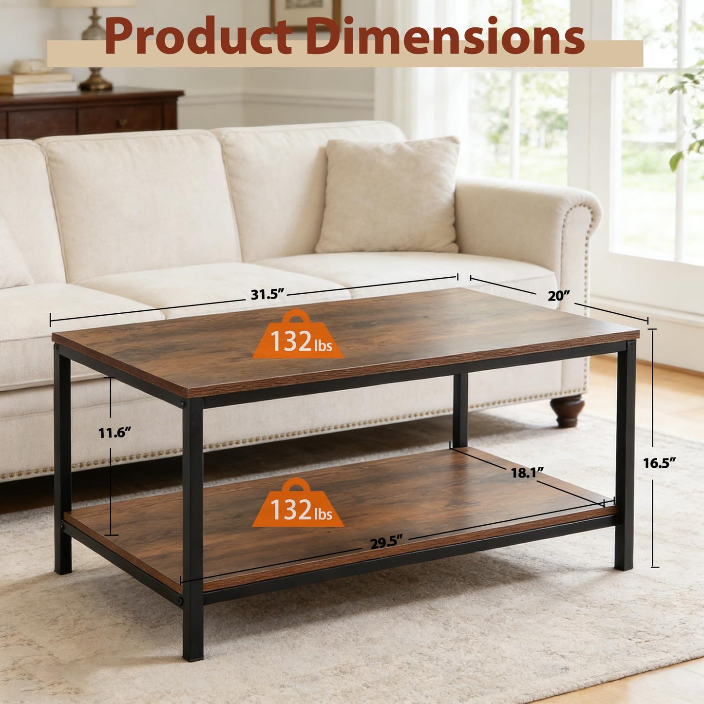 SUPER DEAL 2-Tier Industrial Coffee Table with Storage Shelf for Small Apartment Living Room, Rectangle Wood and Stable Metal TV Stand Side End Table, Rustic Brown