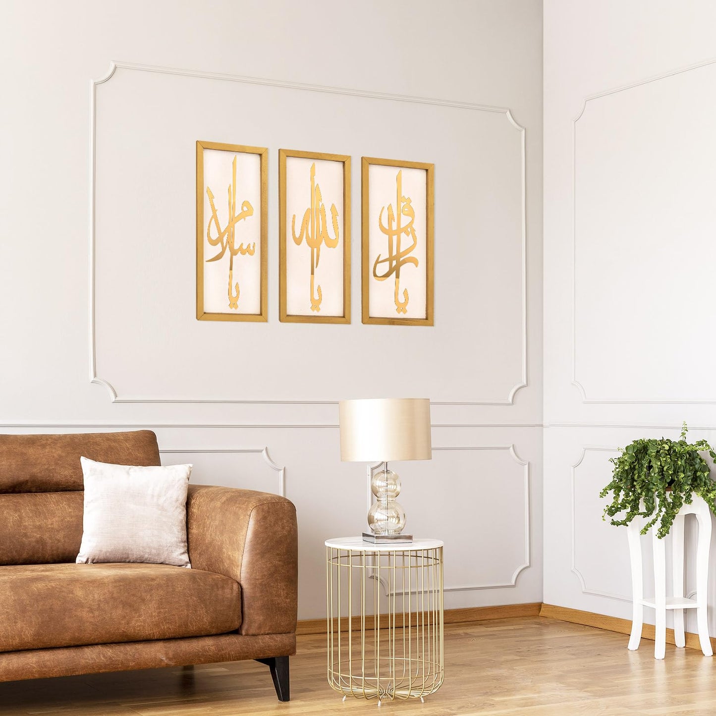 flangairy Set of 3 Islamic Wall Art, 15.7×7.1 Inch Gold Acrylic Arabic Calligraphy Allah Muhammad Ali Wooden Muslim Wall Decor, Eid Ramadan Living Room Bedroom Decorations for Home, Housewarming Gift