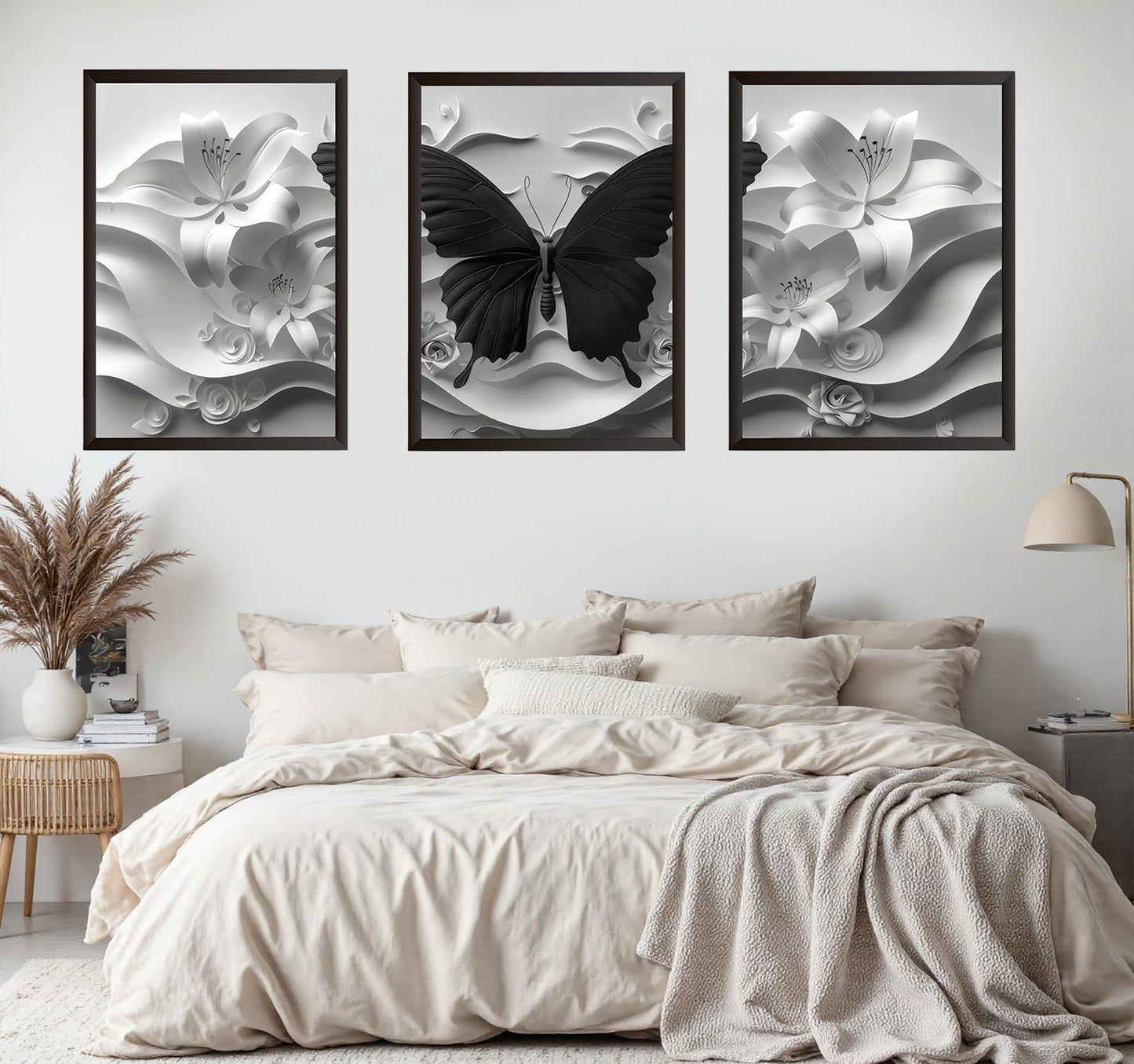 2D Black Butterfly Wall art set of 3 White Flowers Picture Canvas Art Modern Abstract Textured Florals Posters print Artwork for Living Room Bedroom Bathroom Decoration 12 * 18 in (Poster)