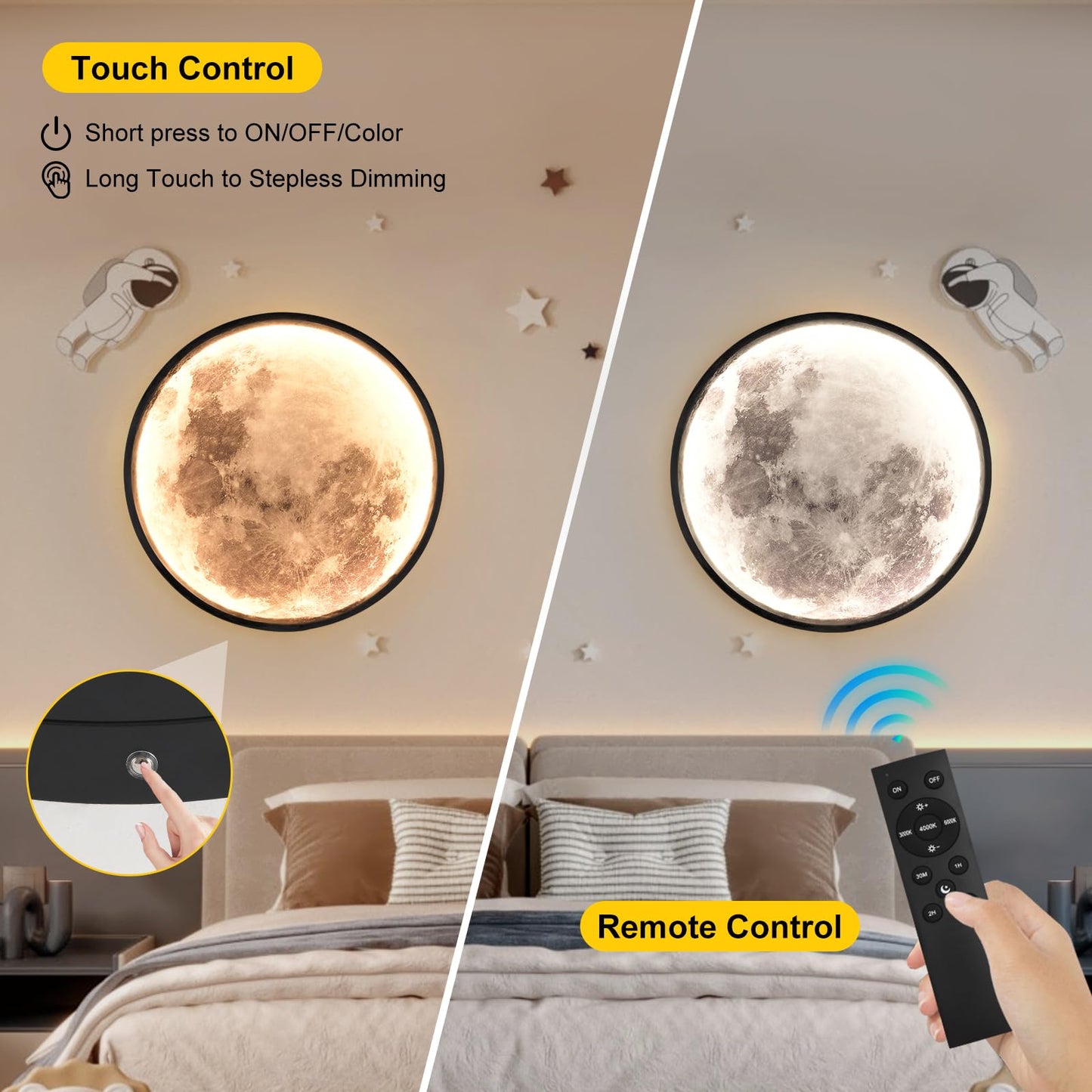 Skylumate Battery Operated Moon Wall Sconces 3 Color Dimmable Rechargeable Moon Wall Light with Remote Control 9.5inch Black Moon Wall Lamp Indoor Wall Mounted Lighting for Living Room Bedroom