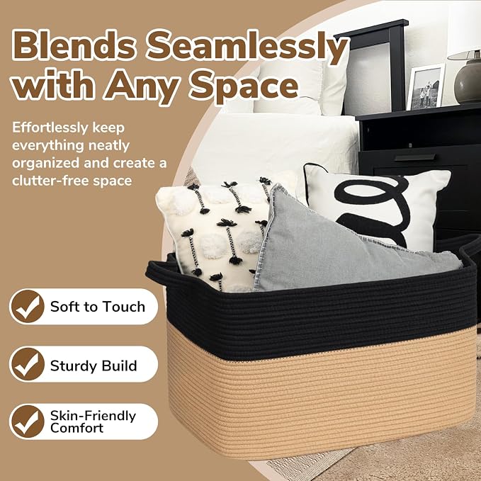 Goodpick Large Woven Blanket Basket 23.6" x 15.7" x 13.8" Cotton Rope Storage Organizer for Dirty Clothes Pillows, Wicker Storage Basket for Living Room Bedroom, Black & Jute