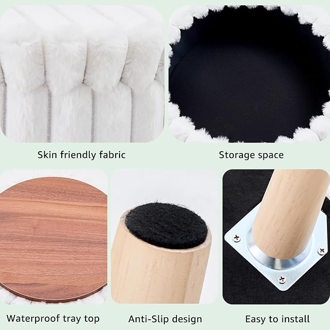 Wimarsbon Storage Ottoman, Modern Round Footrest with Soft Padded Seat, Teddy Velvet Footstool with Wood Legs, Accent Small Table or Plant Stand for Hallway, Living Room (White)