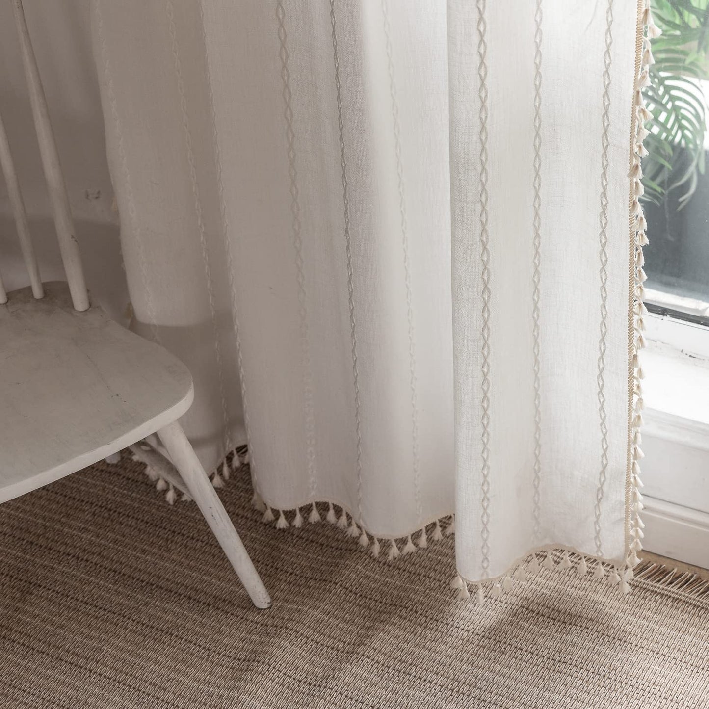 BCLBUSTE Boho Curtains - Embroidery Linen and Cotton 63 Inch Length 2 Pannels for Living Room, Cream Off White Light Filtering Farmhouse Curtains with Rod Pocket Draperies 52" W x 63" L