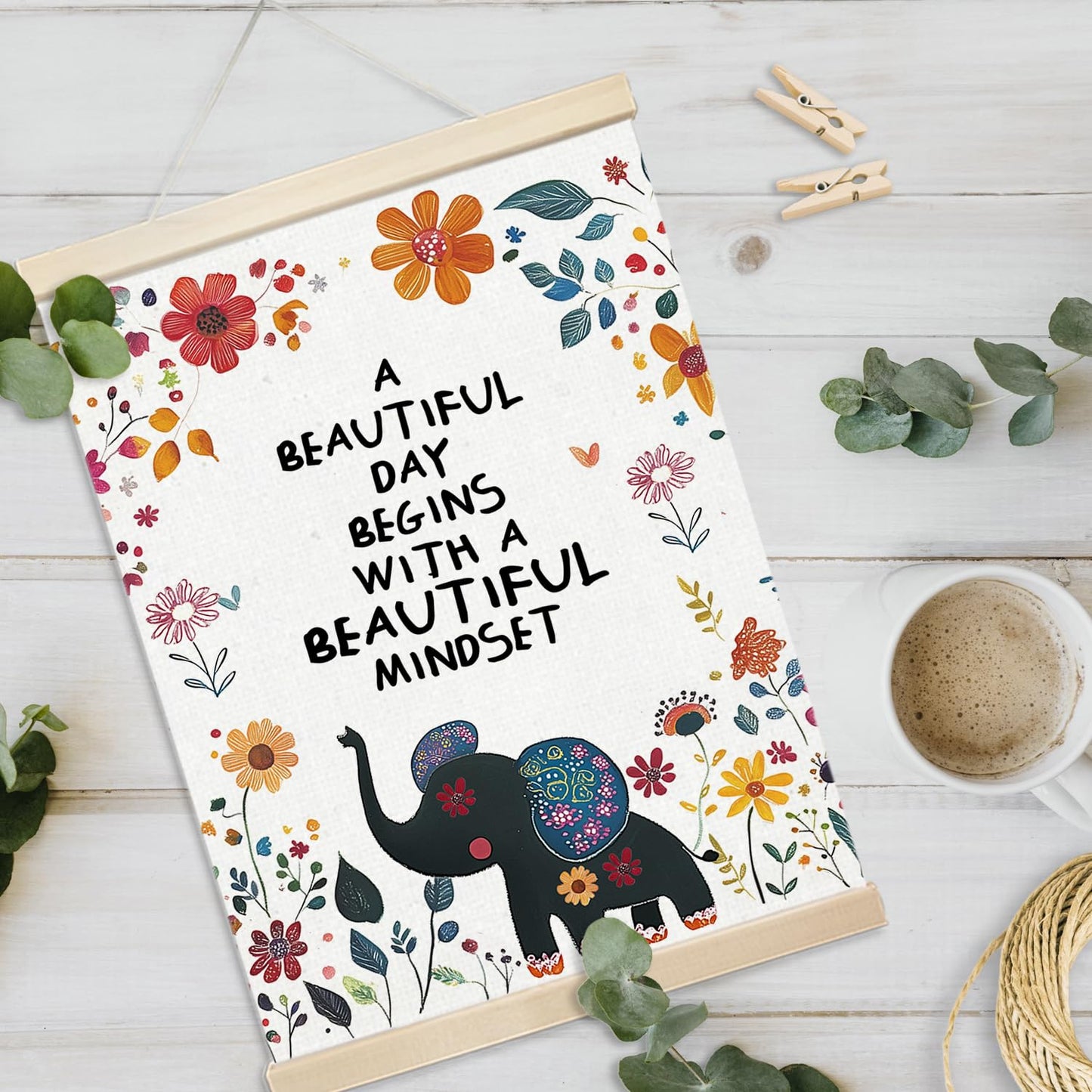 Xmsaitar Inspirational Elephant Floral Poster Hanger Frame Wall Decor, Nursery Mental Health Prints for Wall Decor Art, Rustic Flower Pictures Hanging for Girly Room Dorm Playroom 12x16in