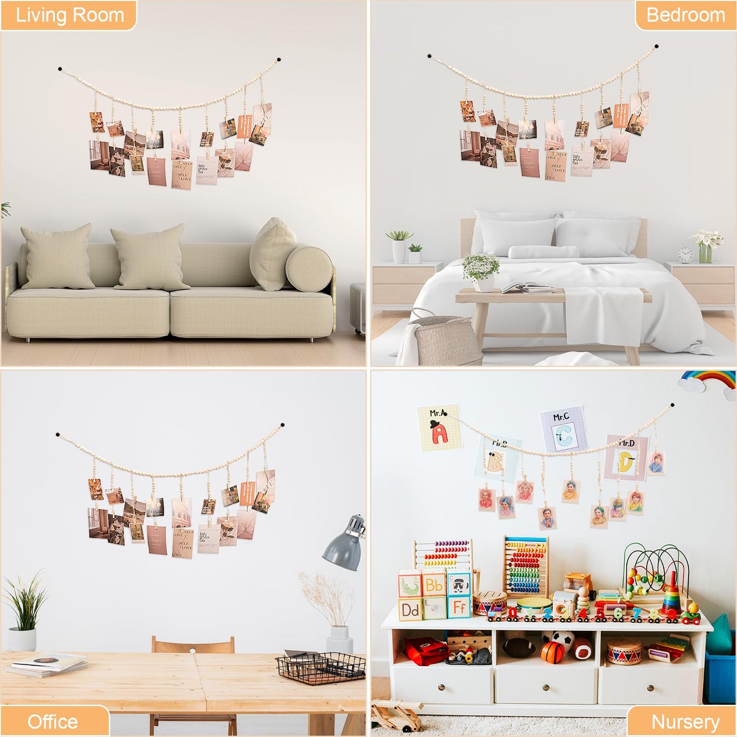 WIVKFML Hanging Photo Display with 18 Wood Clips, Boho Wooden Bead Wall Décor for Bedroom, Living Room, Dorm, Kids Art Picture Display