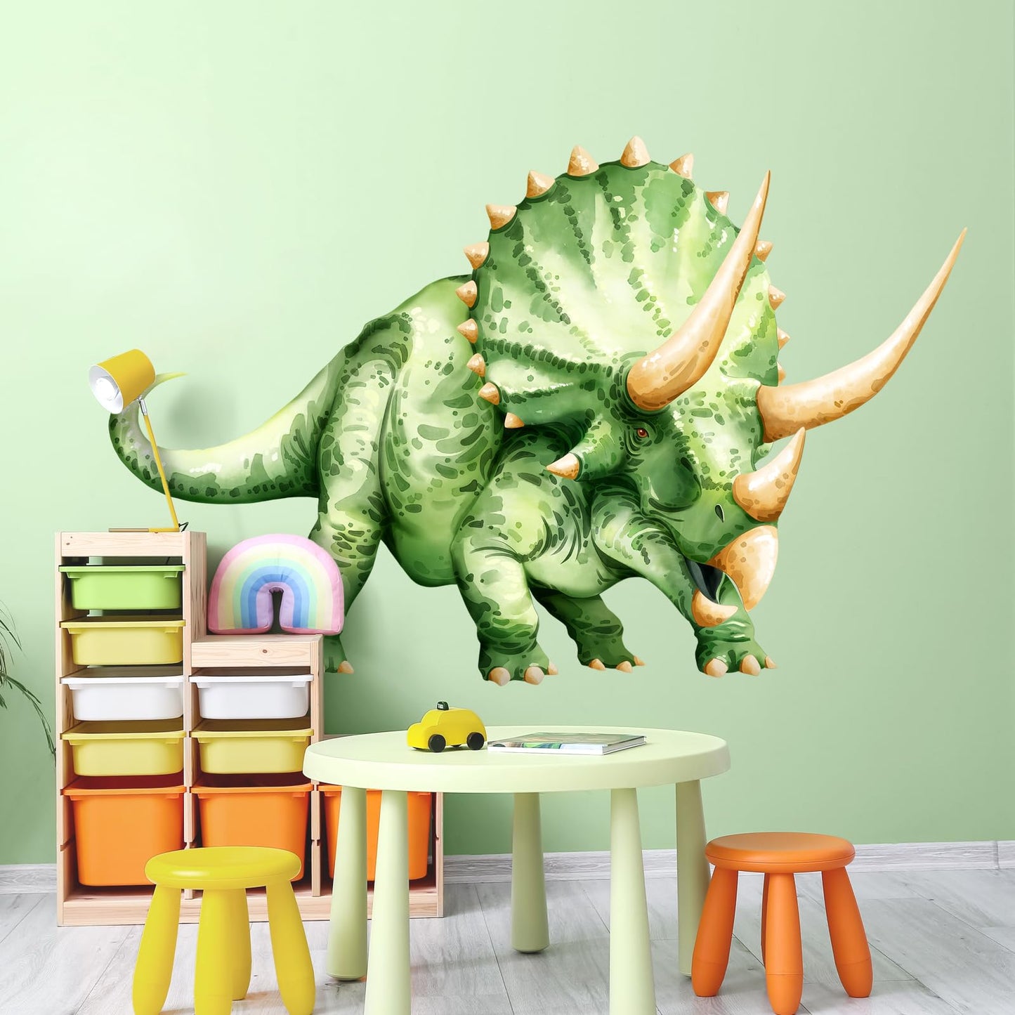 Large Dinosaur Wall Decals, Green Triceratops Dino Wall Stickers Vinyl Peel and Stick Wall Decal Self Adhesive Wall Art Sticker for Baby Nursery Kids Room Home Decor (53.7 * 34.4in)