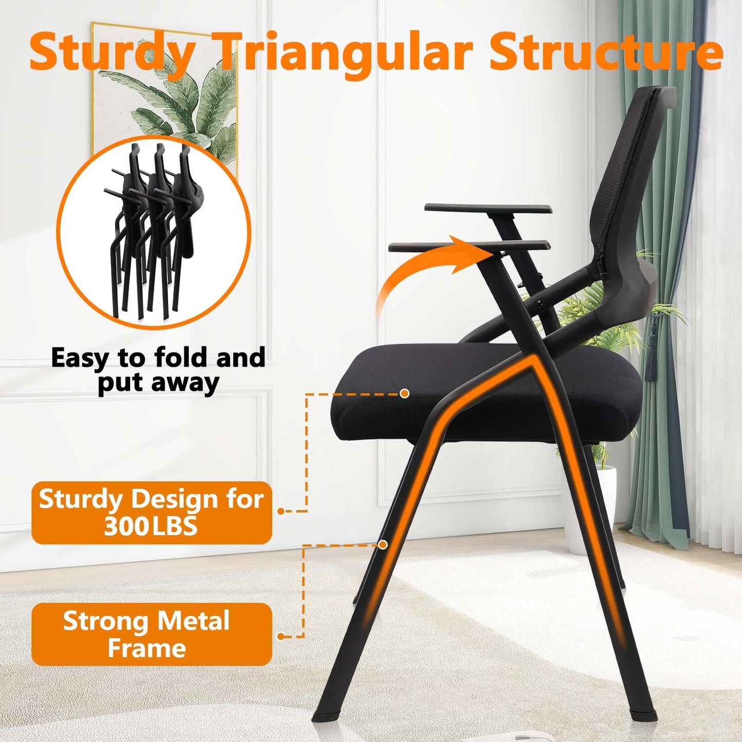 CLATINA Stackable & Foldable Office Chairs with Ergonomic Lumbar Support and Thickened Seat Cushion, Folding Mesh Fabric Reception Guest Chair for School Church Conference Waiting Room Black (8 pk)