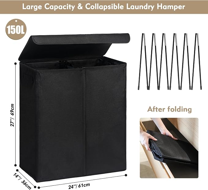 DOKEHOM 150L Extra Large Laundry Hamper with Lid, 2-Section Double Laundry Basket with Removable Mesh Liner Bags, Collapsible Clothes Sorter for Family, Bedroom, Laundry Room, Black