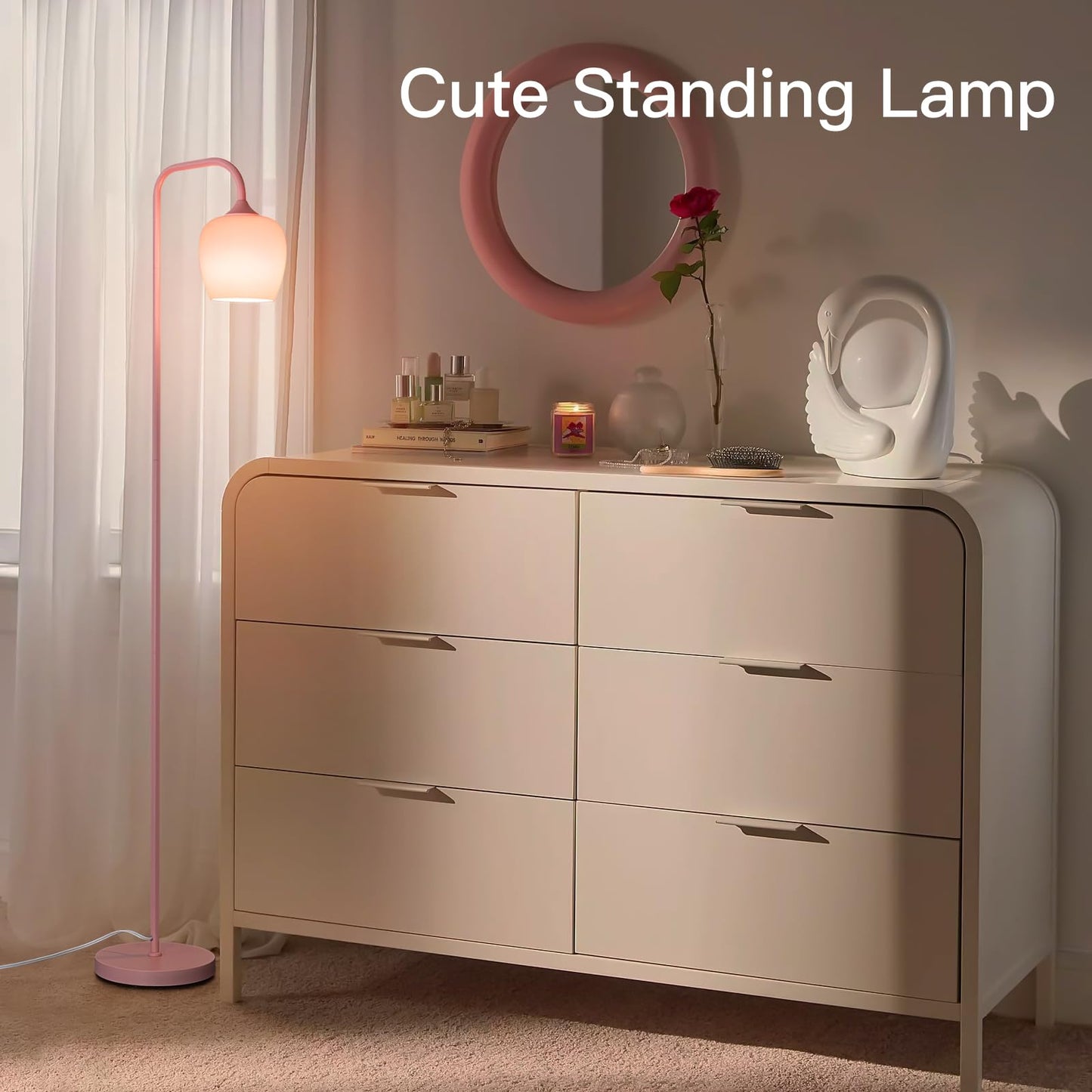 ONEWISH Pink Floor Lamp-Modern Standing Lamp for Living Room Bedroom, Glass Lamp Shade, LED Bulb Included, Cute Simple Design, for Girls Women