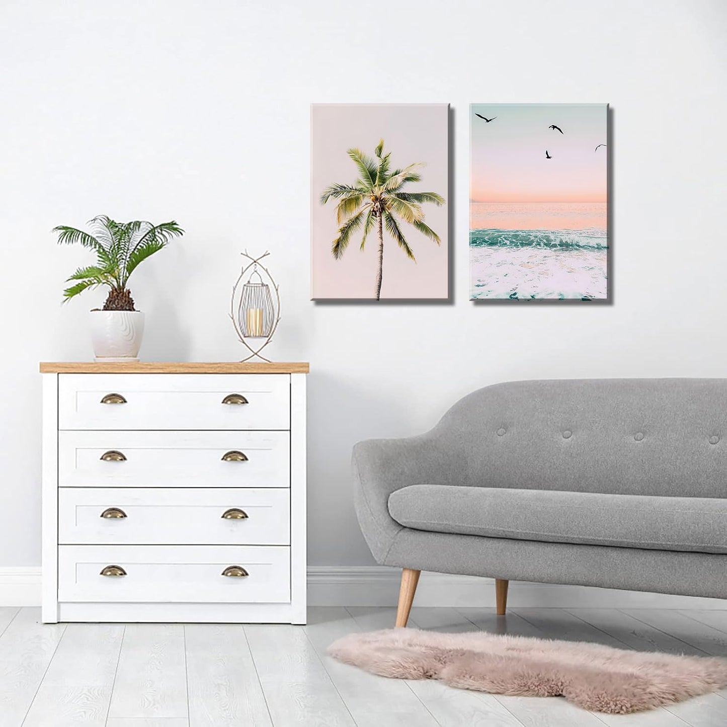 2Pcs Framed Pastel Beach Wall Art Tropical Palm Tree Canvas Posters Prints Coastal Ocean Wall Decor Pictures Summer Beach Theme Bedroom Living Room Decoration, 12x16 Inch