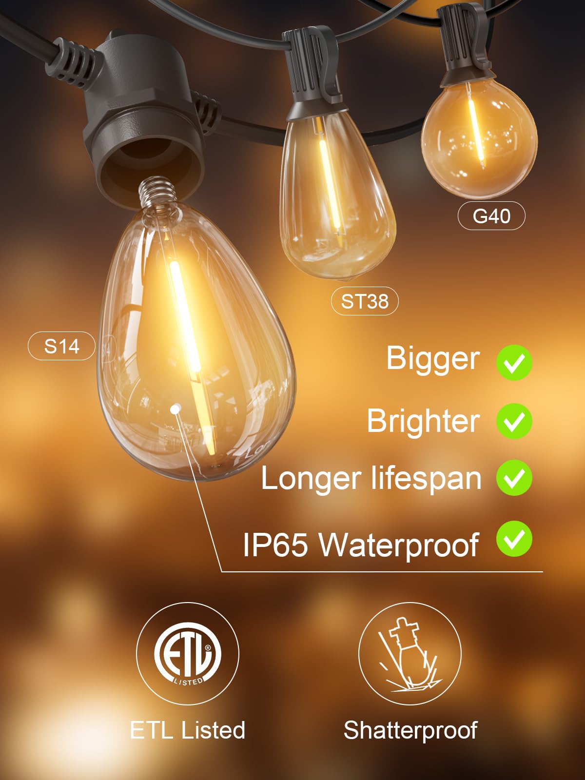 Svater Outdoor String Lights 200 FT, Patio Lights for Outside with Shatterproof LED Bulbs, Waterproof IP65 Commercial Hanging Light for Backyard Porch Balcony Bistro Party (2X100FT)