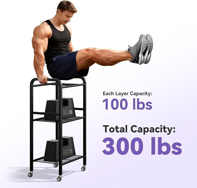 3-Tier Heavy-Duty Home Gym Storage Rack with Hooks and Smooth Wheels for Workout Gear