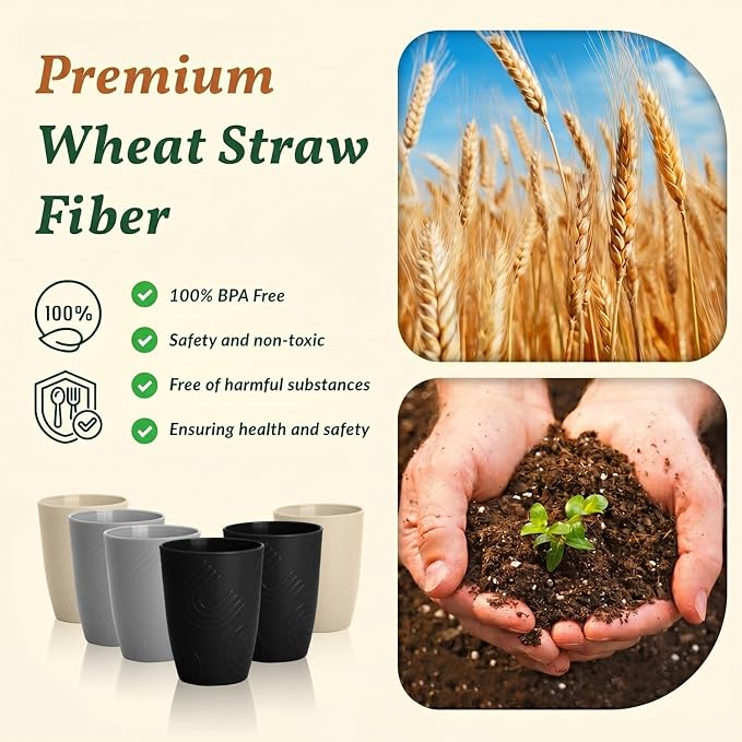 Homienly Premium Wheat Straw Cups Set of 6, Reusable 16oz Water Glasses Lightweight and Unbreakable Drinking Cups,Alternative Plastic Cup Dishwasher Safe Cups for Home and Outdoor - GreyStone