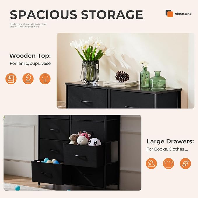 Sweetcrispy Dresser, Dresser for Bedroom Organizer Storage, Fabric Storage Tower with 8 Drawers, Chest of Drawers with Steel Frame, Wood Top for Living Room, Closet, Black