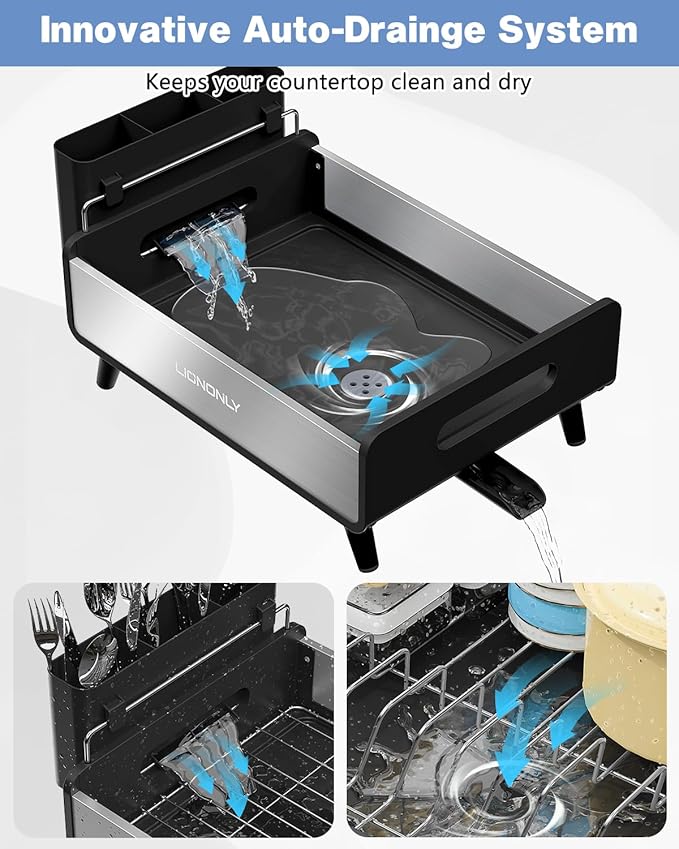 Dish Drying Rack, Thicker Premium Aluminum Frame and 304 Stainless Steel Plate Rack for Kitchen Counter, Automatic Drainage Spout, Dish Drainer & Drainboard Set with Utensil Holder, Black