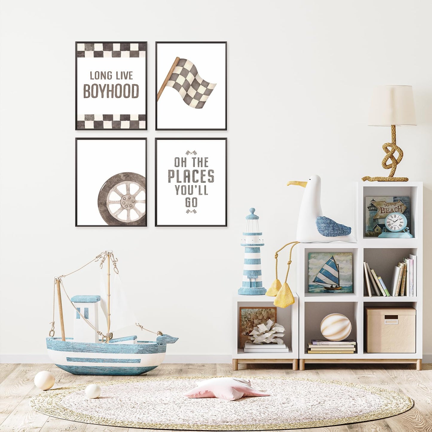 Locomiss Boys Race Car Room Wall Decor, Toddler Nursery Boy Race Cars Art Themed Checkered Play Room Wall Decor Posters For Boys, Toddler Bedroom Playroom Essentials, Set of 4(8x10 Unframed)