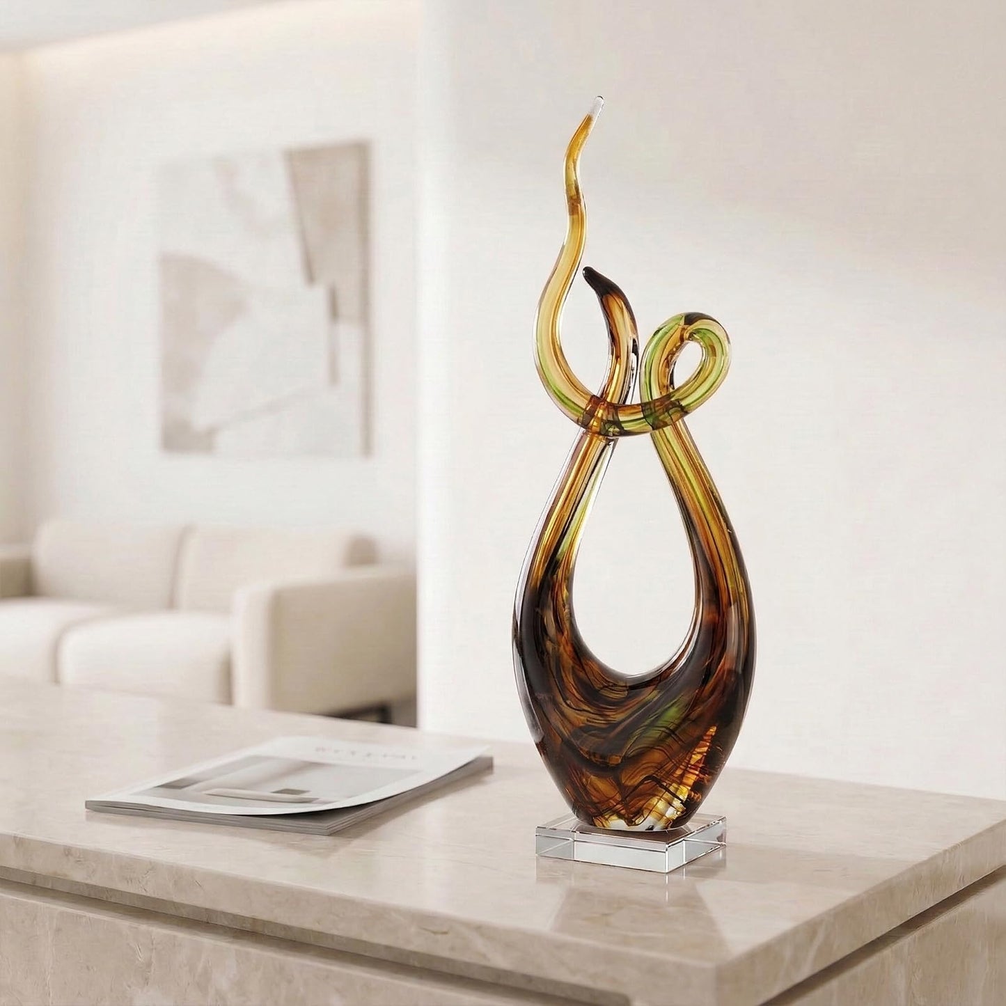 LCCCK 21.7in Tall Abstract Glass Sculpture Knot Spiral Statue, Amber Hand Blown Glass Art Decor for Home Living Room Bedroom Shelf Mantel Tabletop Display Decorative Figurine