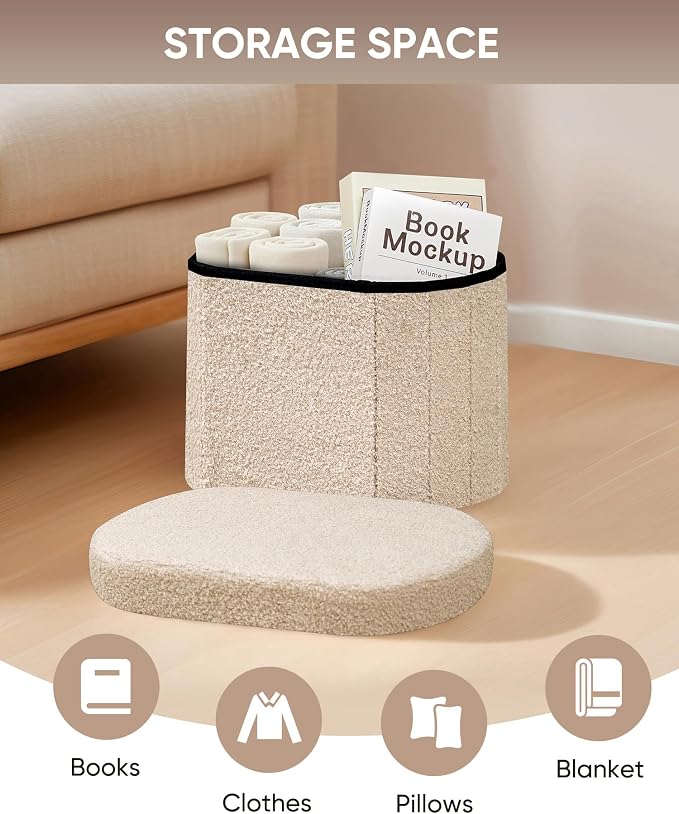 B FSOBEIIALEO Storage Ottoman for Dorm Room, Boucle Folding Storage Ottoman Foot Rest, 16.14 Inches Small Collapsible Ottoman Cube for Living Room Beige