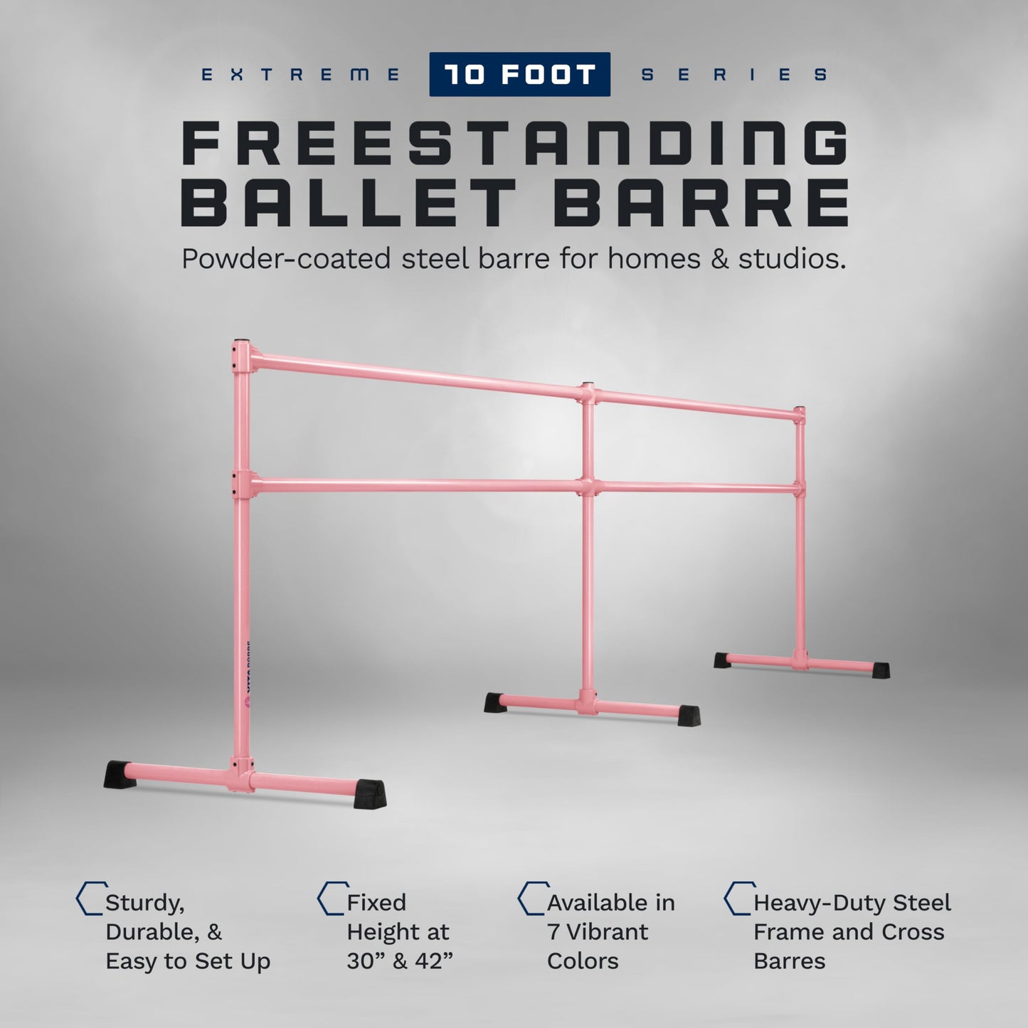 VITA Barre Portable Freestanding Double Ballet Barre, Extreme, 10 Ft Bars, Light Pink, Steel | Fixed Height, Made in USA, Home or Gym Exercise Equipment for Kids & Adults | Dance, Fitness, Pilates