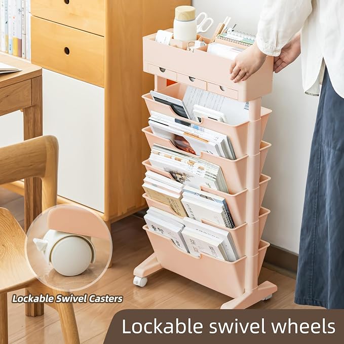 5 Tier Rolling Book Cart Multi-Functional Movable Storage Bookshelves with Lockable Wheels for Study Office Library Classroom, (Pink, with Wheel)