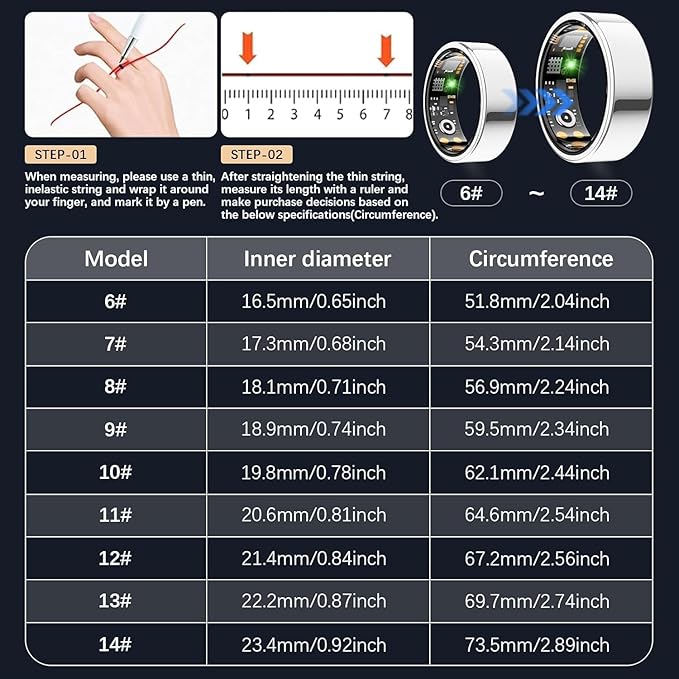 Health Tracker Ring, Smart Health Ring for Women Men with Heart Rate, Blood Oxygen, Sleep Monitor, Steps,Calories, No Subscription Fee, IP68 Waterproof Smart Ring for iPhone & Android (Silver, 8#)