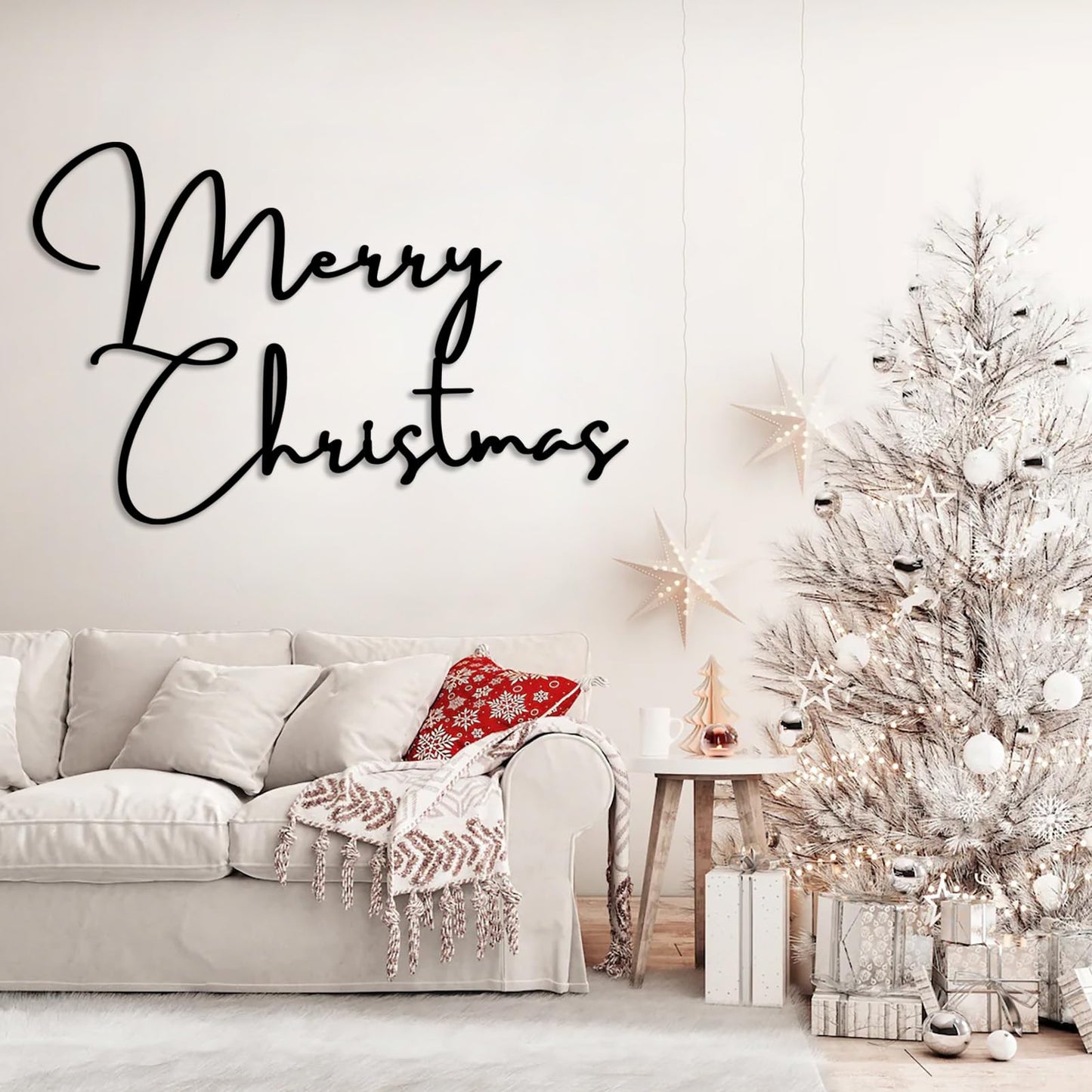 SZI Merry Christmas Metal Wall Art, Minimalist Christmas Wall Decor, Metal Christmas Sign for Living Room, Holiday Home Decor (Silver, 24"x15"|60x38cm)