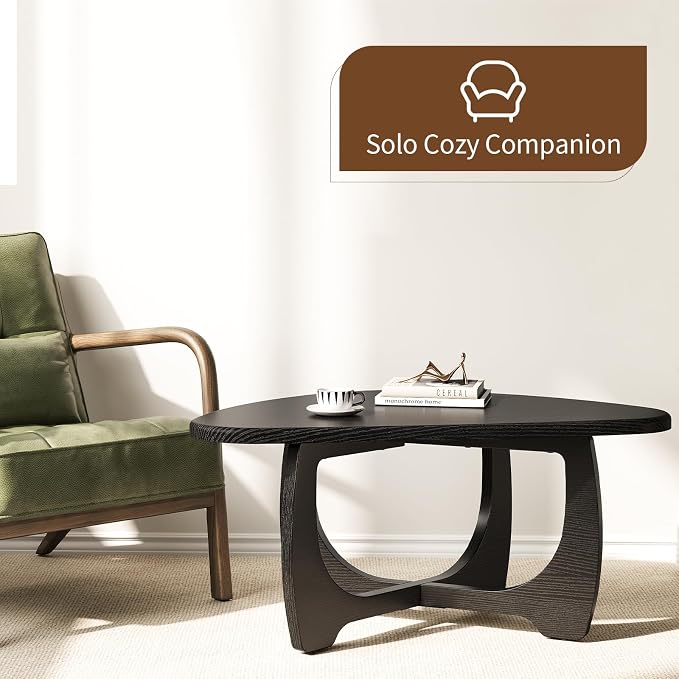 Coffee Table for Living Room - Mid Century Modern Coffee Tables with Triangle Top, Unique Small Round Coffee Table, Wood Oval Tea Table with Solid Legs for Bedroom, 35.8"x 22.5" x 16.2" Black