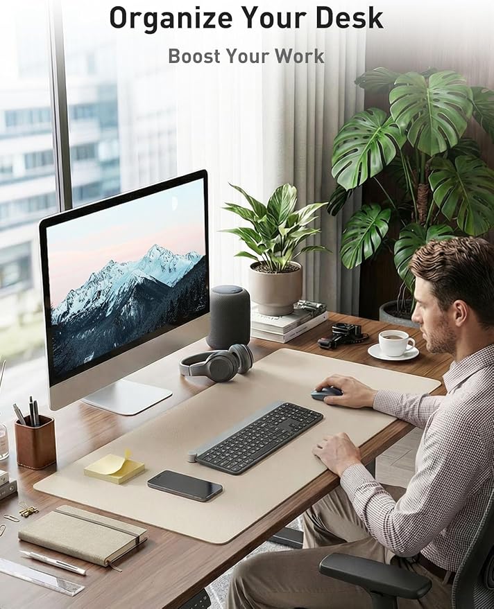 Aothia Faux Leather Desk Mat - Non-Slip PU Leather Desk Blotter, Waterproof Writing Surface, Large Desk Pad for Office & Home (Eggshell, 55" x 17")