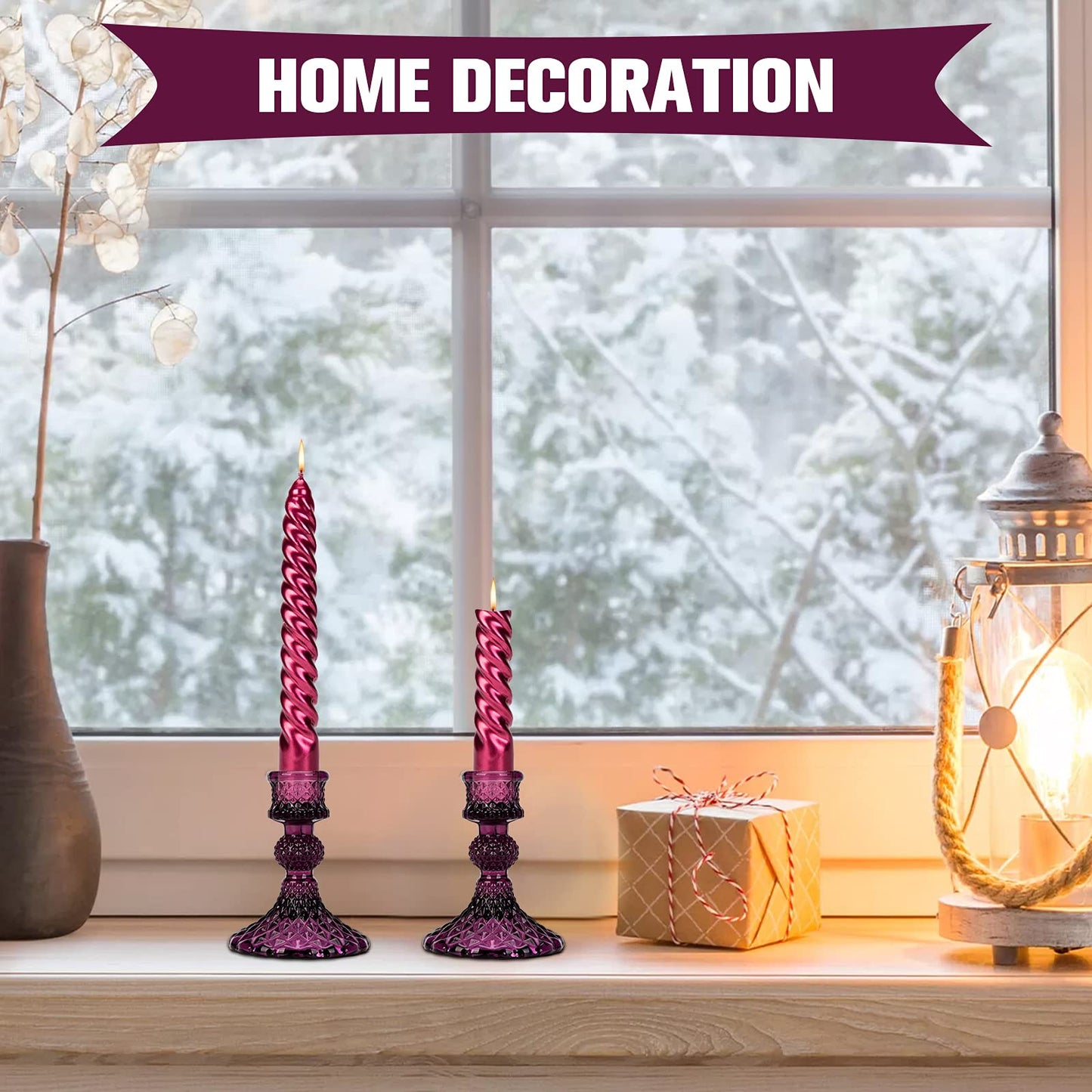 Glass Candle Holder, 2PCS Decorative Candle Sticks Pillar Candle Stand for Formal Events Wedding Party Table Centerpieces Home Decoration, Dark Purple