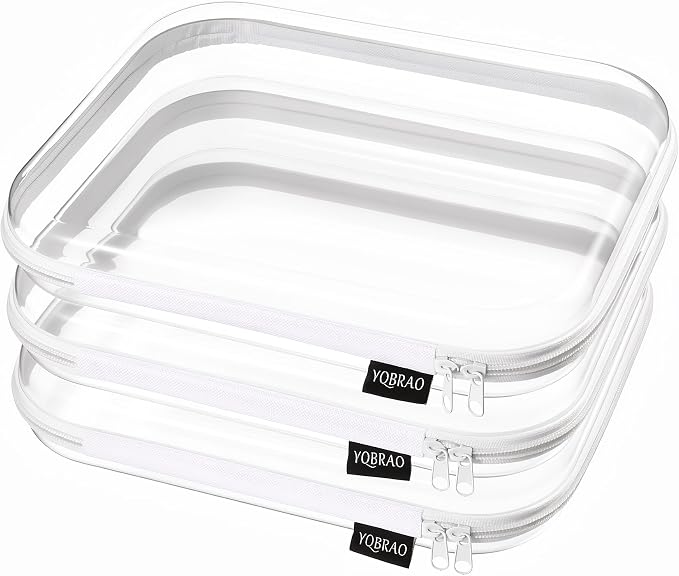 YQBRAO 3-Pack Large Clear Hard Shell Zipper Case, 1.2mm Rigid Toy & Cosmetic Bags, Heavy-Duty Diaper Bag Pouch Set with YKK Zippers, Waterproof Travel & Makeup Organizer