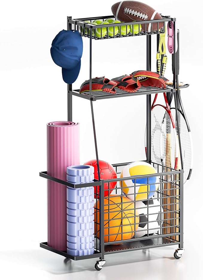 ZHOOGE Sports Equipment Organizer Garage Storage Organization, Garage Organizer Ball Storage Rack Rolling Cart with Basket and Hooks for Toy/Sports Gear Storage Indoor/Outdoor Use, Black