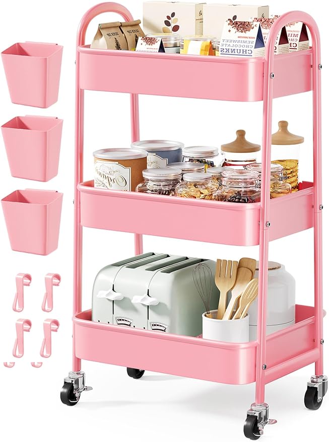 3 Tier Rolling Storage Cart Metal with Wheels, Pink Three Tiered Craft Cart Organizer on Wheels, Utility Carts for Baby Nursery, Diaper Caddy, Art, Book, Snack, Nail, Makeup, Bathroom Supplies, Mesh