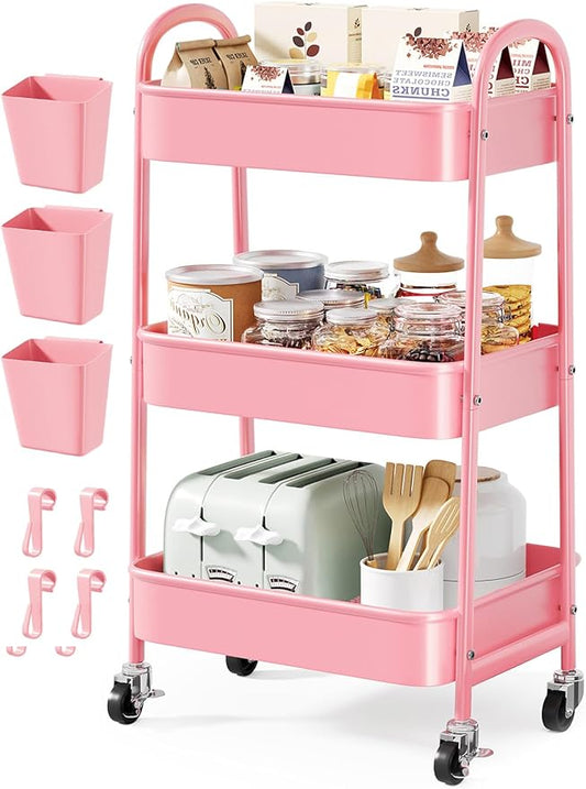 3 Tier Rolling Storage Cart Metal with Wheels, Pink Three Tiered Craft Cart Organizer on Wheels, Utility Carts for Baby Nursery, Diaper Caddy, Art, Book, Snack, Nail, Makeup, Bathroom Supplies, Mesh