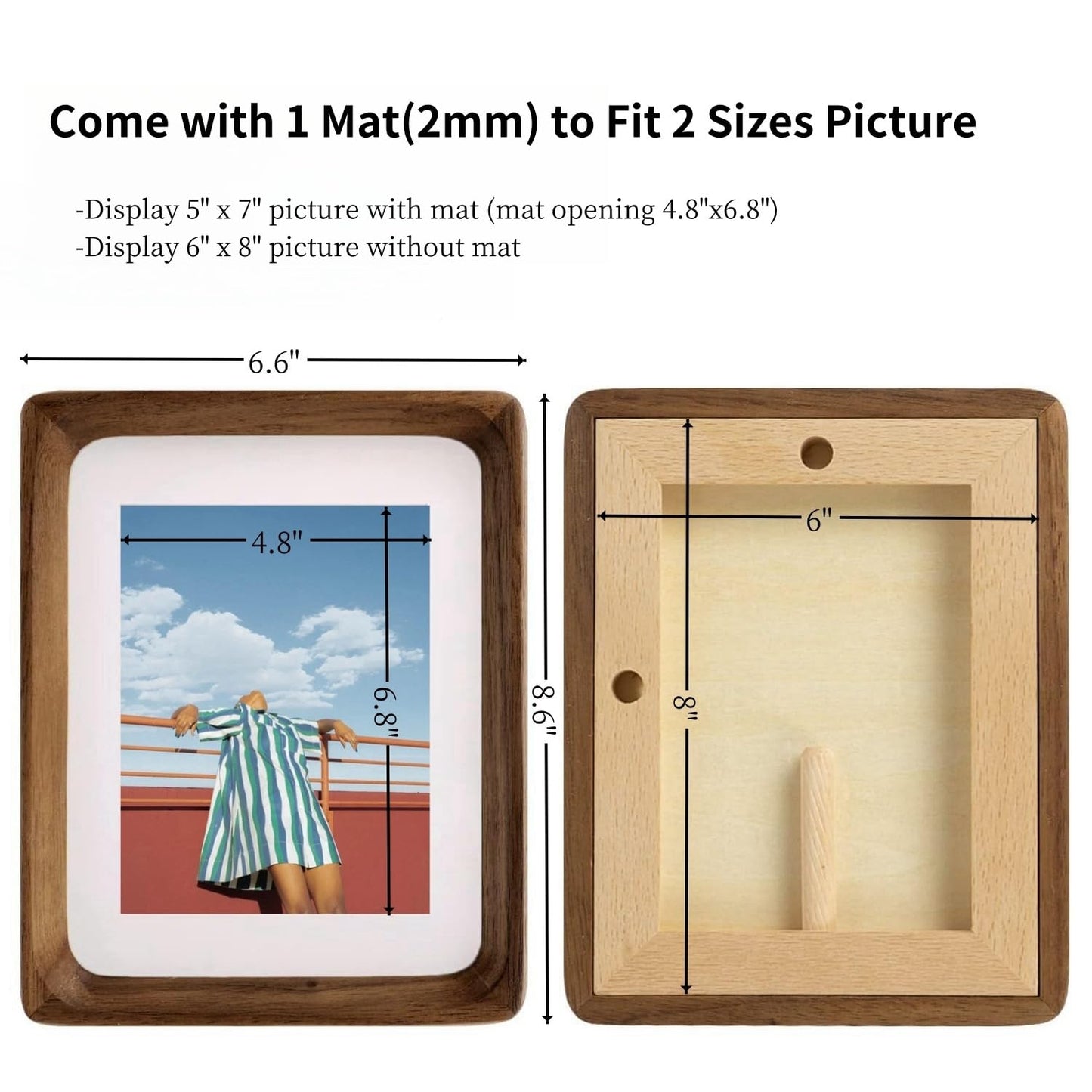 FLECHAZO 6x8 Picture Frame Wood with 5x7 Mat, Natural Solid Walnut Wooden 6 by 8 Photo Frames for Tabletop or Wall Mounting Display