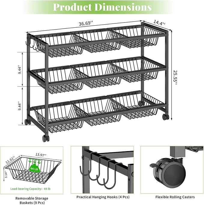 3-Tier Rolling Pantry Cart on Wheels with 9 Removable Baskets, Sturdy Pantry Floor Organizer and Storage, Kitchen Storage Cart for Fruit Vegetables, Snack Organizer for Pantry Kitchen Living Room