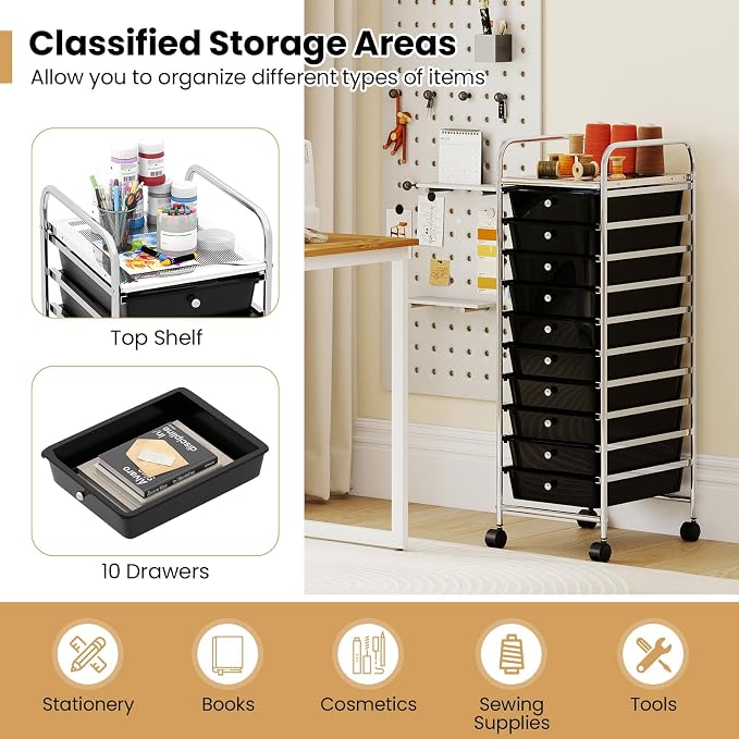 Giantex Rolling Storage Cart with 10 Drawers, Utility Cart with Tabletop, Drawer Organizer with Wheels for Craft Art Paper Tool, Mobile Organization & Sorting for Office Home School School Supplies