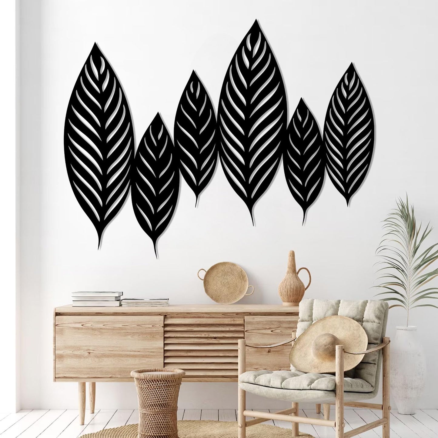Chaser of Light Metal Leaf Wall Decor, Large Leaves Metal Wall Art, Minimalist Wall Art, Boho Wall Sculpture, Nature Decorations for Living Room, Bedroom (Black, 19"x14"/47x37cm)