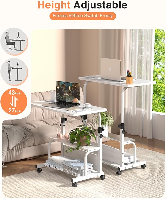 QZMDSM Portable Desk with Wheels Small Standing Desk on Wheels Adjustable Height Rolling Desks for Small Spaces, 32" Computer Desks with Storage Shelves for Home Office Study White