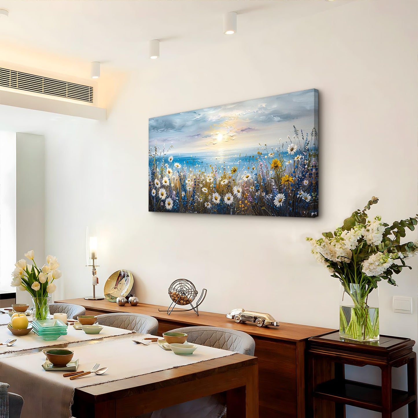 crmotu Coastal Daisy Flower Wall Art, Seaside Sunset Landscape Large Artwork, Beach Wildflower Rustic Pictures Canvas Prints, Seascape Blue Paintings Wall Decor Living Room Bedroom Kitchen 20X40 In